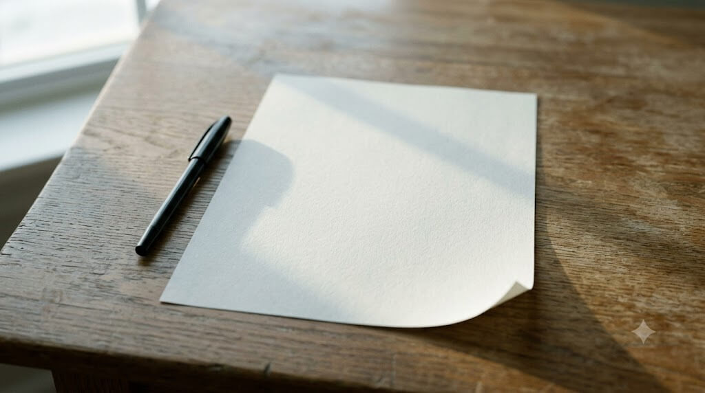 나무 책상 위에 아무것도 쓰이지 않은 흰 종이 한 장이 놓여 있는 정물 사진. 한쪽 모서리가 살짝 말려 올라가 있고, 그 옆에는 뚜껑이 닫힌 펜 하나가 손대지 않은 채 놓여 있다. 왼편 창에서 들어온 부드러운 아침 빛이 텅 빈 지면 위로 길고 완만한 그림자를 드리운다. 종이의 결이 세밀하게 드러나며, 그 위에는 단 하나의 글자도 자국도 없다. 무언가를 채워 넣으려 서두르지 않고 그저 비워둔 채 머무는 시간을 담아낸 이미지다.
