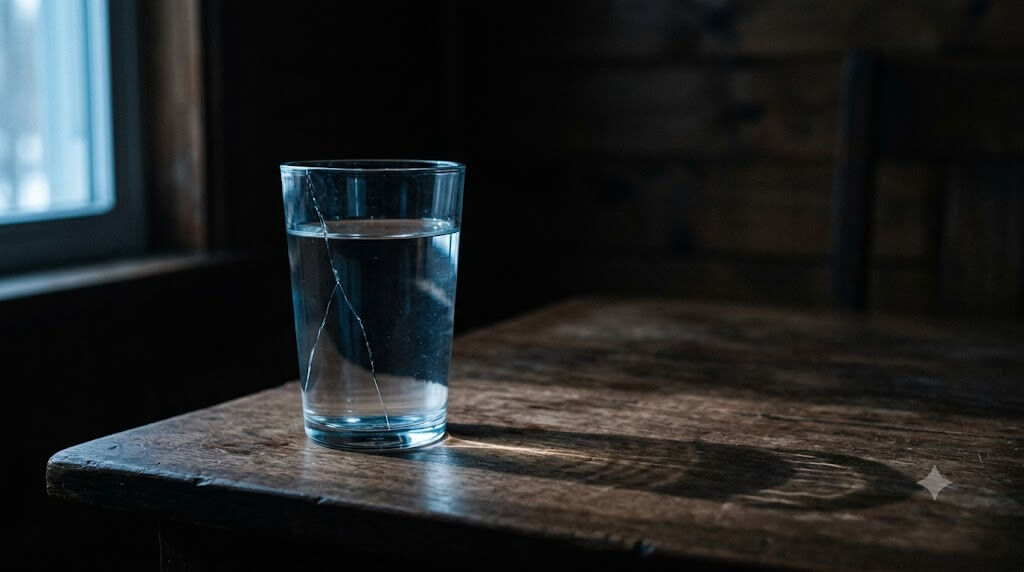 어두운 방 안, 텅 빈 나무 탁자 위에 물이 담긴 유리잔 하나가 홀로 놓여 있는 장면. 수면은 미동도 없이 완전히 고요하지만, 잔의 한쪽 면에는 실금 하나가 위로 뻗어 있다. 아직 물이 새어 나오지는 않았다. 왼편 창에서 들어온 차가운 푸른빛이 유리를 통과하며 굴절되어 탁자 위에 가늘고 일그러진 그림자를 남긴다. 겉으로는 멀쩡해 보이지만 이미 금이 간 상태를 담아낸 이미지다.