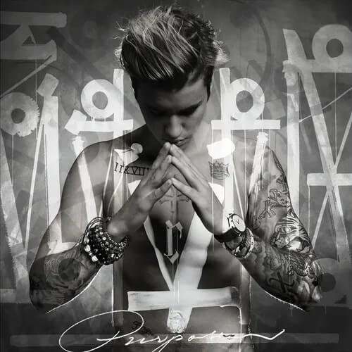 저스틴 비버(Justin Bieber)의 3집 정규앨범 《Purpose》 커버. 흑백 톤 위로 상반신을 드러낸 그가 두 손을 모으고 고개를 숙인 채 기도하는 자세를 취하고 있다. 십자가와 로마 숫자, 낙서처럼 겹쳐진 문양들이 배경을 채우며, 회개와 구원, 삶의 목적을 찾으려는 앨범의 주제 의식을 시각적으로 드러낸다. 'Love Yourself', 'Sorry' 등이 수록된 그의 대표작이다.