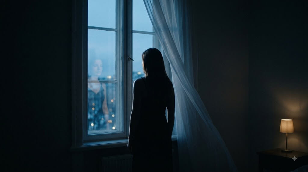 어두운 방 안에서 한 사람이 창가에 홀로 서서 바깥을 바라보고 있는 뒷모습 실루엣. 창을 통해 들어온 푸른 저녁 빛이 어깨선을 따라 흐르고, 방의 나머지 공간은 짙은 어둠에 잠겨 있다. 얇은 커튼이 미세하게 흔들리며 유리에는 인물의 흐릿한 반영이 비친다. 이름을 부를 사람이 더는 곁에 없는 방의 고요를 담은 이미지로, 글의 도입부 정서를 시각화한다.