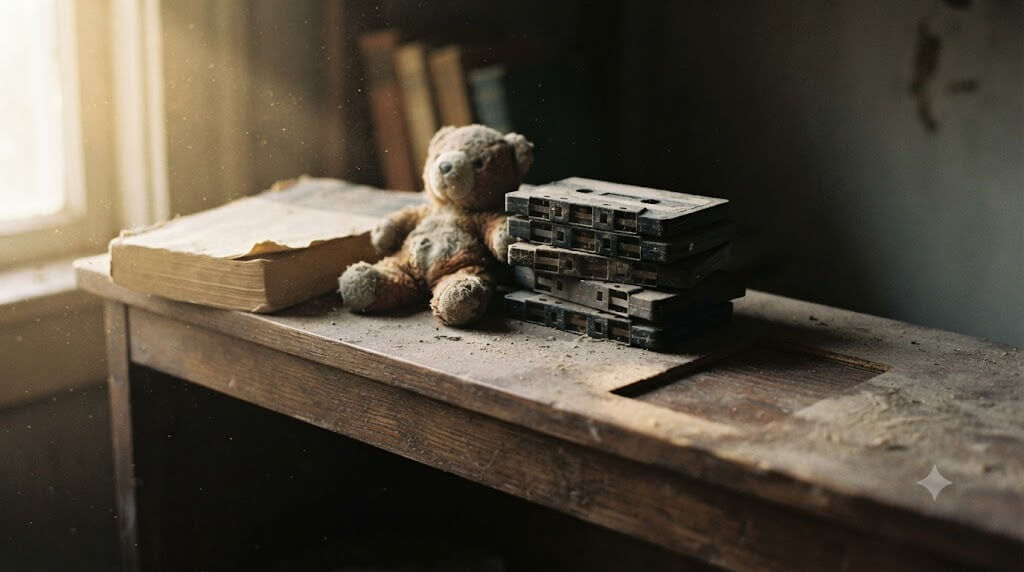 어두운 방 안에 놓인 낡은 나무 선반을 담은 정물 사진. 엎어진 채 놓인 헌 문고본과 색이 바랜 작은 인형, 차곡히 쌓인 카세트테이프들이 나란히 자리하고 있으며, 그 위로는 고운 먼지가 눈에 보일 만큼 두껍게 내려앉아 있다. 선반 한쪽에는 무언가를 최근에 들어낸 듯 먼지가 없는 네모난 자국이 남아 있다. 창으로 비스듬히 들어온 오후 빛이 공중에 떠다니는 먼지 입자를 비추며 오래 손대지 않은 시간을 드러낸다.