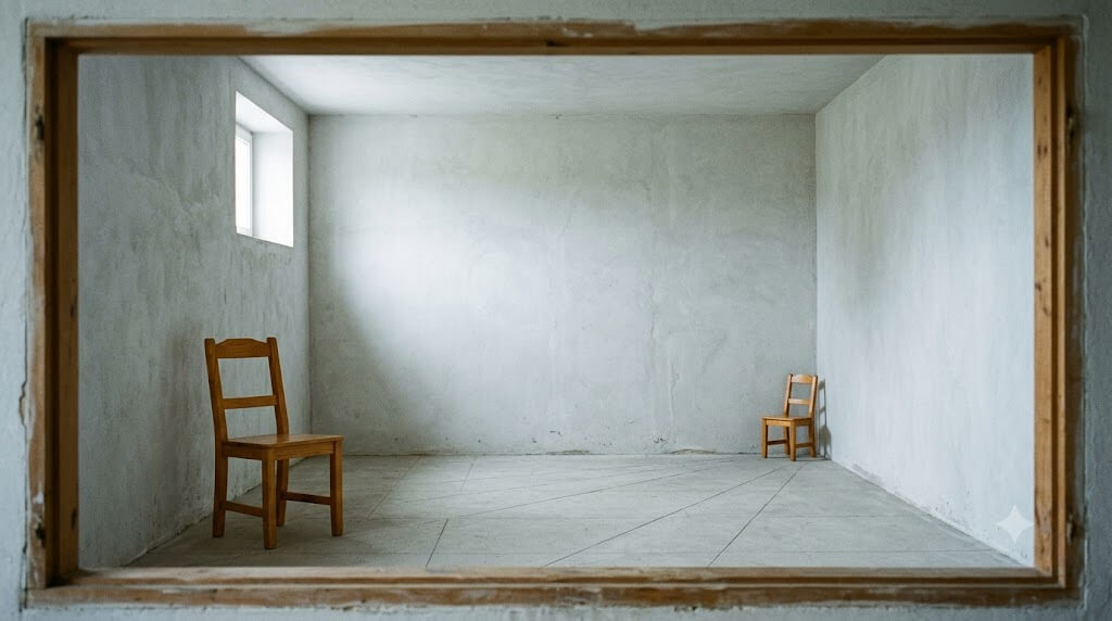 정면에서 보면 평범한 직사각형 방처럼 보이지만, 실제로는 바닥과 천장이 비스듬히 기울어진 착시 구조의 빈 실내를 담은 사진. 안쪽 한 모서리는 훨씬 높고 멀리 있어 공간이 왜곡되어 있다. 좌우 구석에는 똑같은 크기의 나무 의자 두 개가 놓여 있는데, 그 왜곡 때문에 한쪽은 크고 다른 쪽은 훨씬 작아 보인다. 높은 창에서 들어온 차가운 빛이 밋밋한 회벽을 비춘다.